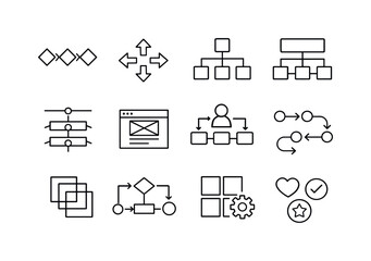UX Navigation. Line icon set of UX Navigation: breadcrumb navigation, UI arrows, page hierarchy, interface map, navigation levels, wireframe
