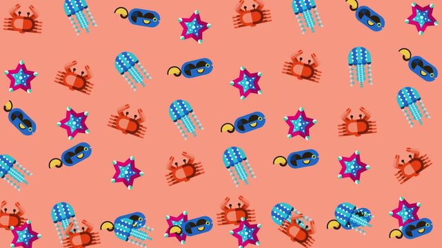Pattern of crabs, jellyfish, starfish, and other sea creatures. Ideal for oceanthemed designs like prints, fabrics, and wallpapers.