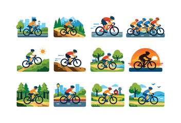 Obraz premium Colorful Bike Ride Icons. Bike riding scenes. Colorful flat vector icons set of bike riding scenes: city biking, mountain trail ride, road race, group cycling,