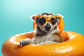 Fototapeta premium Lemur wearing orange sunglasses relaxing in an inflatable ring against a blue background