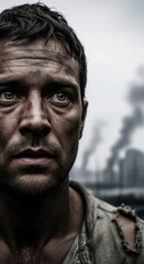 Obraz premium Man's Grimy Face in Wartime Cityscape