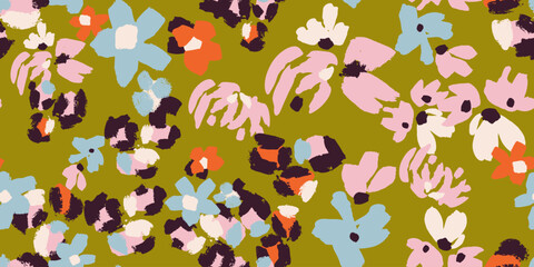 Naklejka premium Abstract vector pattern merging stylized flowers and leopard-inspired spots in soft pink, sky blue, coral, cream and charcoal on a rich olive green background