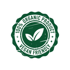 Green organic product label illustration showing 100 certified vegan friendly seal with leaf icon