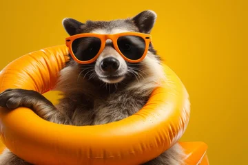 Raccoon enjoying a summer vacation, relaxing with an inflatable ring against a yellow background © juliars