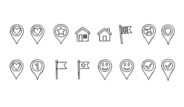 Cute doodle planner pin icon set hand drawn location marker vector collection