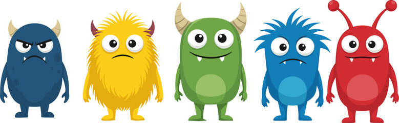 Cute cartoon monster characters collection, colorful funny alien creatures with horns and fur isolated on white background for kids design illustration © Mst