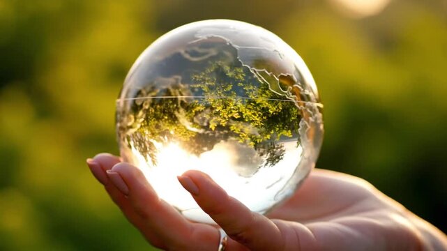 Hand holding glass world globe outdoors at sunset