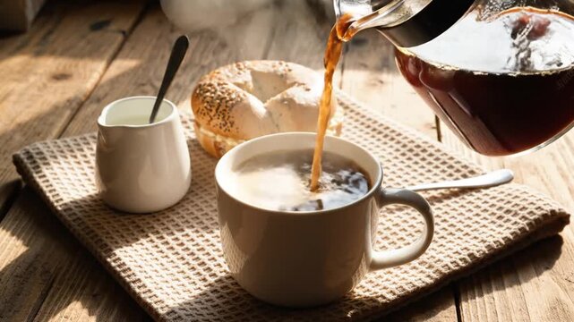 Fresh coffee pouring into mug on rustic wooden table with bagel