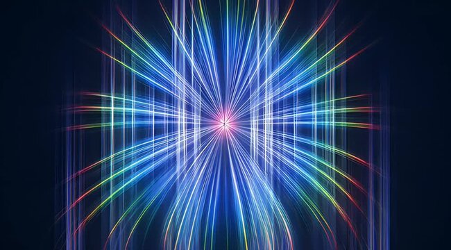 Psychedelic iridescent holographic central starburst pulsing with multicolor light rays creating an abstract tunnel effect loop