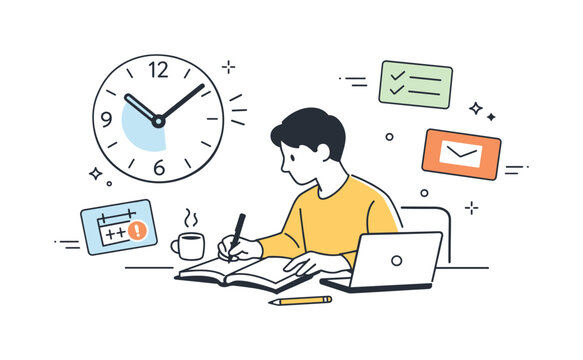 Focus and time scarcity. A person works at a desk while a clock and small task cards float nearby. Calm tension between concentration and