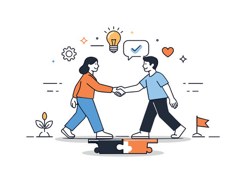 Building relationship balance. Two people meeting halfway with calm body language, representing compromise, respect, and shared solutions.