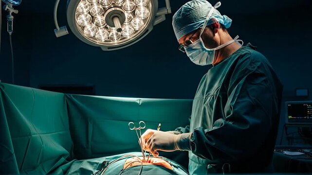 Surgeon Performing Operation Under Surgical Light.