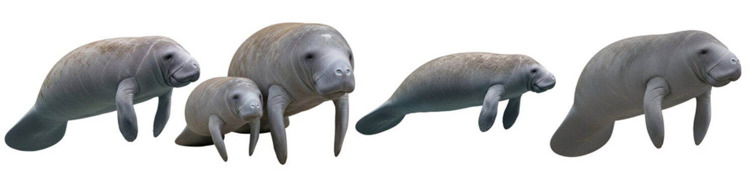 A group of manatees swimming together in the water on transparent background