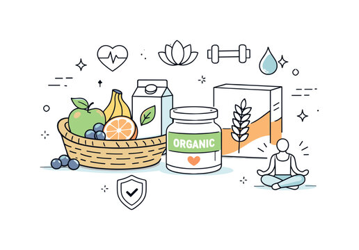 Health-driven food choices. Organic fruits and packaged goods arranged neatly, with icons representing health and wellness. Calm consumer