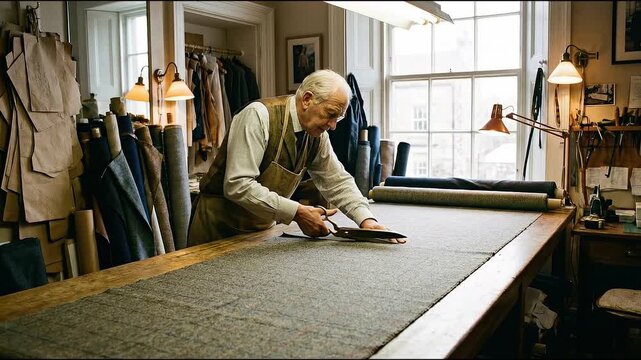 Senior tailor, focused man, showcasing his exceptional craft and skill while cutting fabric by hand in traditional workshop