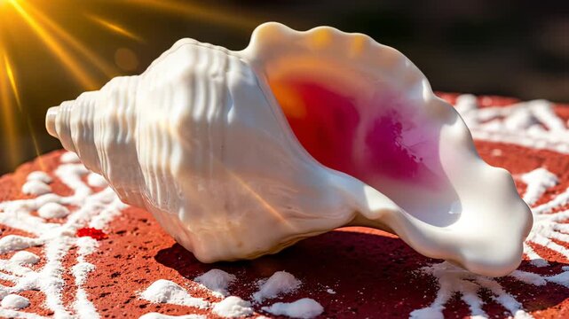 An ornate white conch shell rests on a textured red surface adorned with white decorative patterns under a bright sunbeam with lens flare creating a warm atmosphere