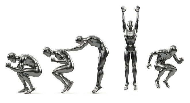 A metallic figure demonstrating a sequence of jumping jack movements