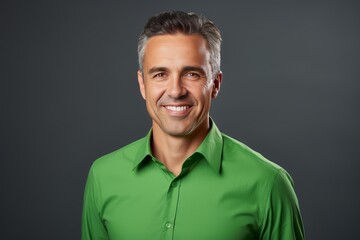 Fototapeta premium Happy man wearing a green shirt smiling at the camera on a gray background