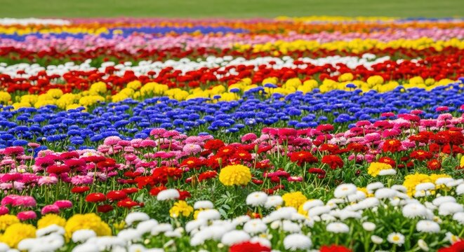 A vibrant flower garden with rows of colorful daisies and other flowers in full bloom.