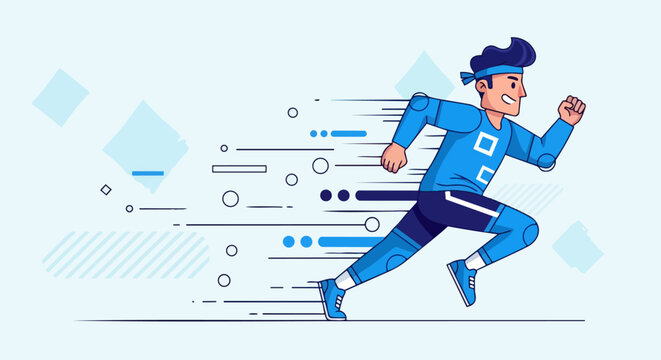 Man in blue running fast.