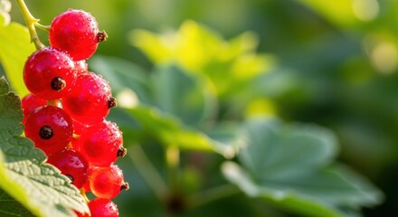 Red currants on a branch with green leaves in a garden setting.