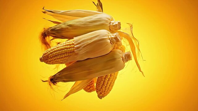 Corn cobs in studio shot reflecting vibrant yellow background