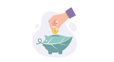 Hand Inserting Coin into Green Piggy Bank. © Misbahus