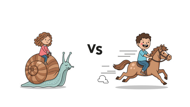 Amusing visual comparison illustrating the concepts of slow and fast, featuring a girl riding a snail and a boy on a horse.