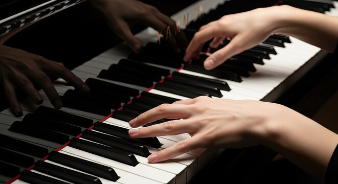 Two hands playing a grand piano.