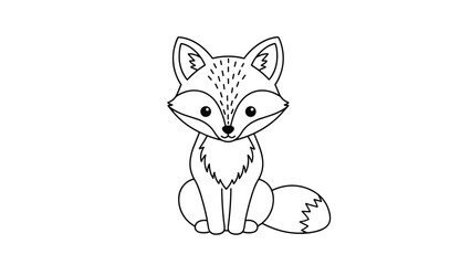 Obraz premium Charming black and white outline drawing of a cute fox sitting gracefully, perfect for coloring and children's activities.