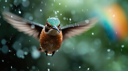 Fototapeta premium A beautiful hummingbird hovers in the rain, droplets glistening around it as it displays its iridescent feathers. This captivating image celebrates nature's beauty and resilience.