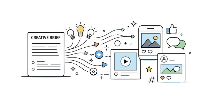 Creative brief for social post. An abstract editorial visualization showing ideas flowing from a brief document into post layouts and icons.