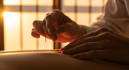 Serene acupuncture treatment with golden sunlight