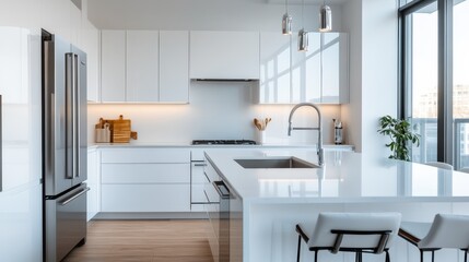 A beautifully designed modern kitchen showcasing sleek cabinetry and contemporary appliances, highlighted by natural light streaming in through large windows, creating a functional workspace.