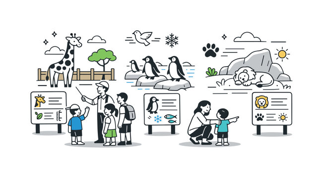 Animal interactions in zoos and wildlife parks. Guided tour with informational signs and simple icons near animal habitats. Calm educational