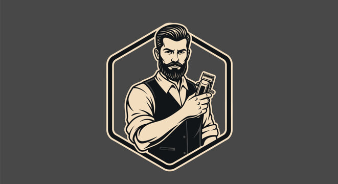 Stylish Barbershop Logo Featuring a Dapper Man with a Beard and Hair Clipper.