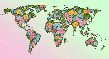 Obraz premium World map made of green leaves and colorful flowers on a soft pastel background