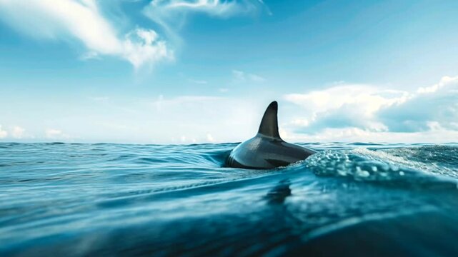 Shark swimming in the ocean near the surface. Marine wildlife, sea travel, nature adventure.