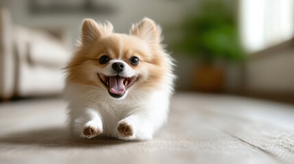 Fototapeta na wymiar A joyful Pomeranian puppy energetically running on a wooden floor, radiating happiness and playfulness, showcasing the lovable nature of pets in home settings.