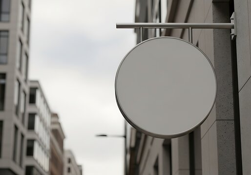 Blank white oval sign hanging on a building exterior wall