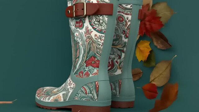 A patterned rubber boot with a leather strap and buckle, surrounded by fall leaves on teal