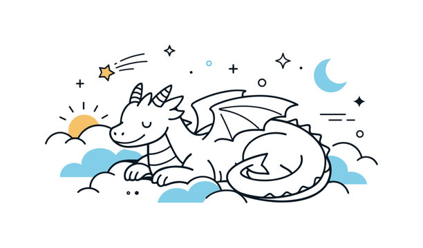 Dragons fantasy concept. A calm dragon resting with folded wings, surrounded by soft clouds and abstract shapes, creating a friendly and