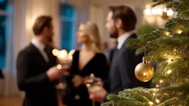 Christmas party with elegantly dressed people conversing in the background and a decorated Christmas tree in the foreground