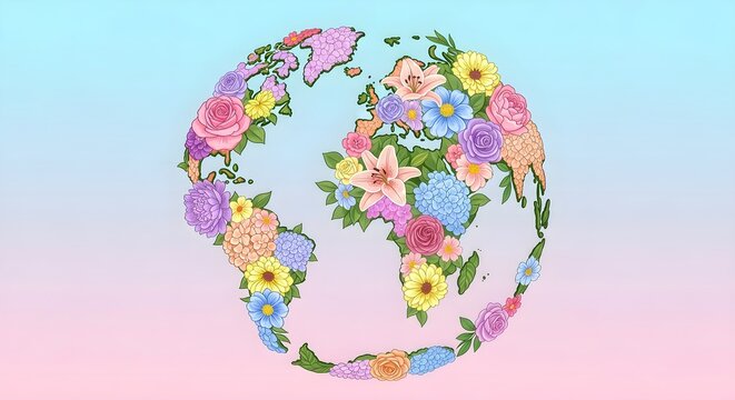 Floral world map illustration with colorful blooming flowers on a soft pastel gradient background