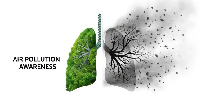 A human lung with a green tree inside, emitting smoke, against a white background.