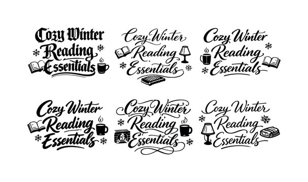   Cozy Winter Reading Essentials. Create a calligraphy lettering illustration of the phrase: