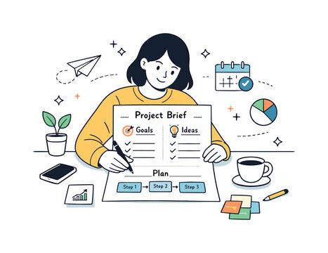 Creative brief for social post. A calm editorial scene of a marketer outlining goals and ideas on a clean brief document, with icons and