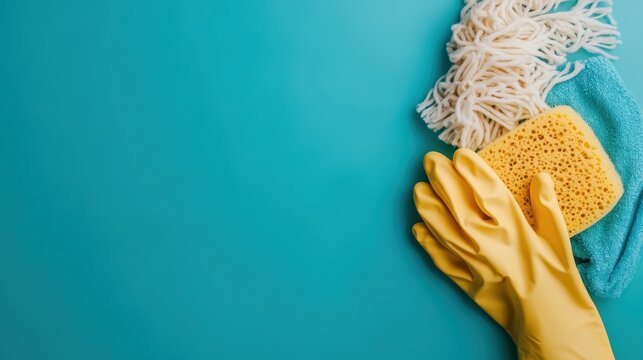 An organized arrangement of cleaning supplies, including a mop, sponge, and glove, rests on a vibrant teal surface, promoting cleanliness, organization, and hygiene in daily life.