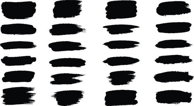 Collection of twenty black ink brush strokes and splatters on white background