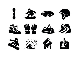Snowboarding. Solid icon set of Snowboarding: snowboard, snowboarder, snow goggles, helmet, snowboard boots, gloves, snowy mountain, snow